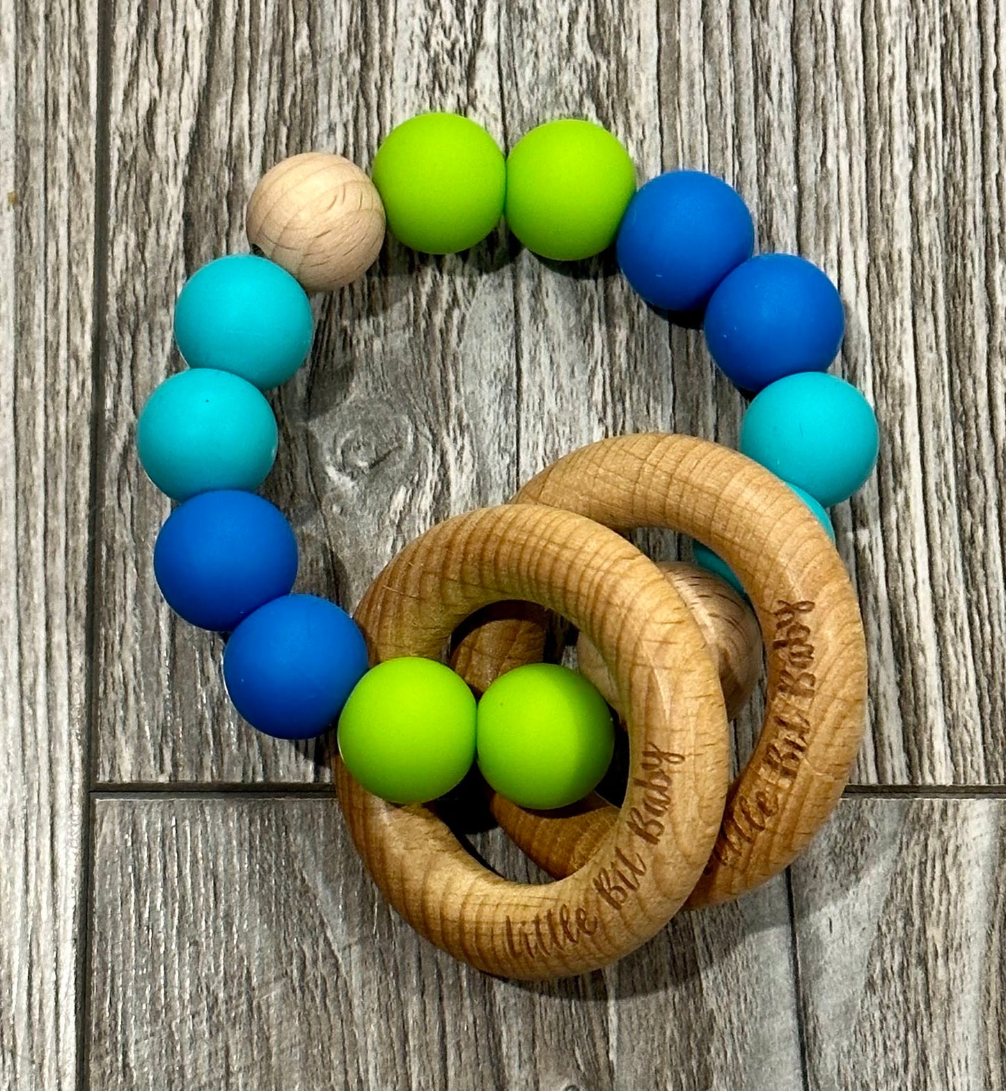 Beech Wood Rattle - Royal Blue, Teal and Lime Green