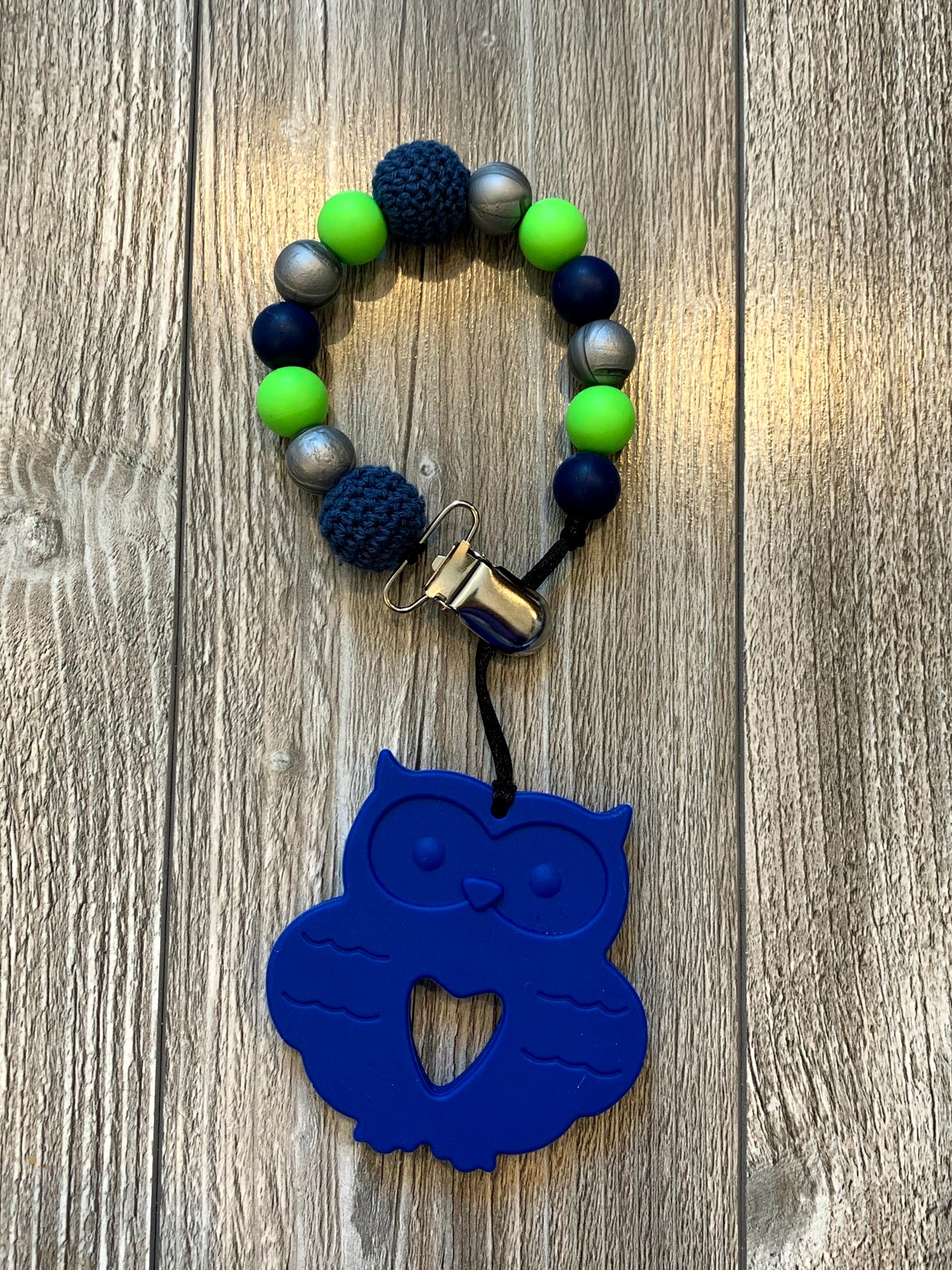 Soother Clip with Dark Blue Owl Teether