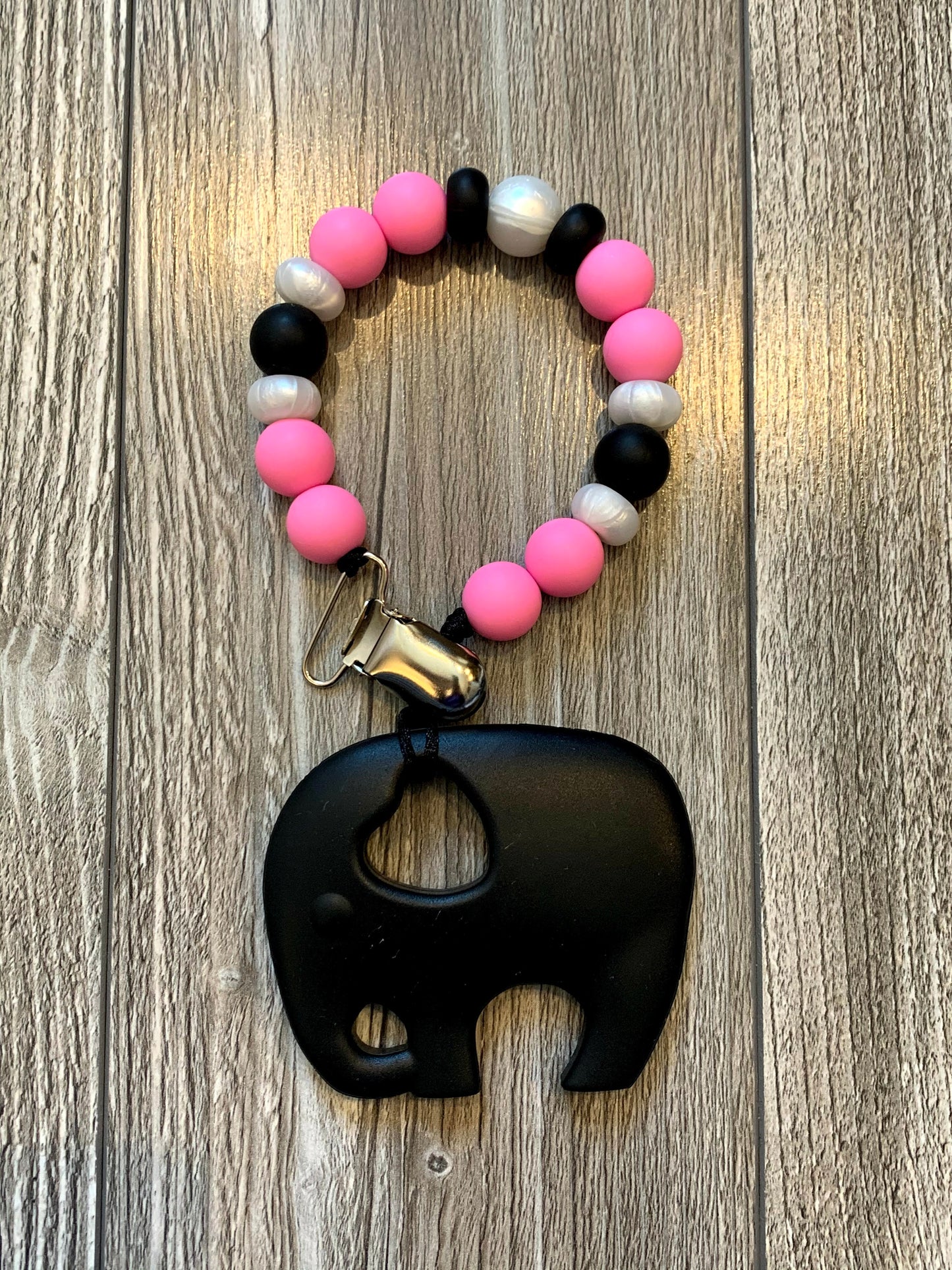 Soother Clip with Black Elephant Teether
