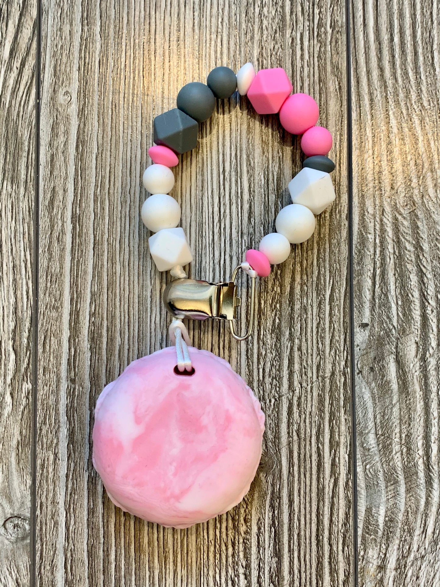 Soother Clip with Pink Macaron Teether