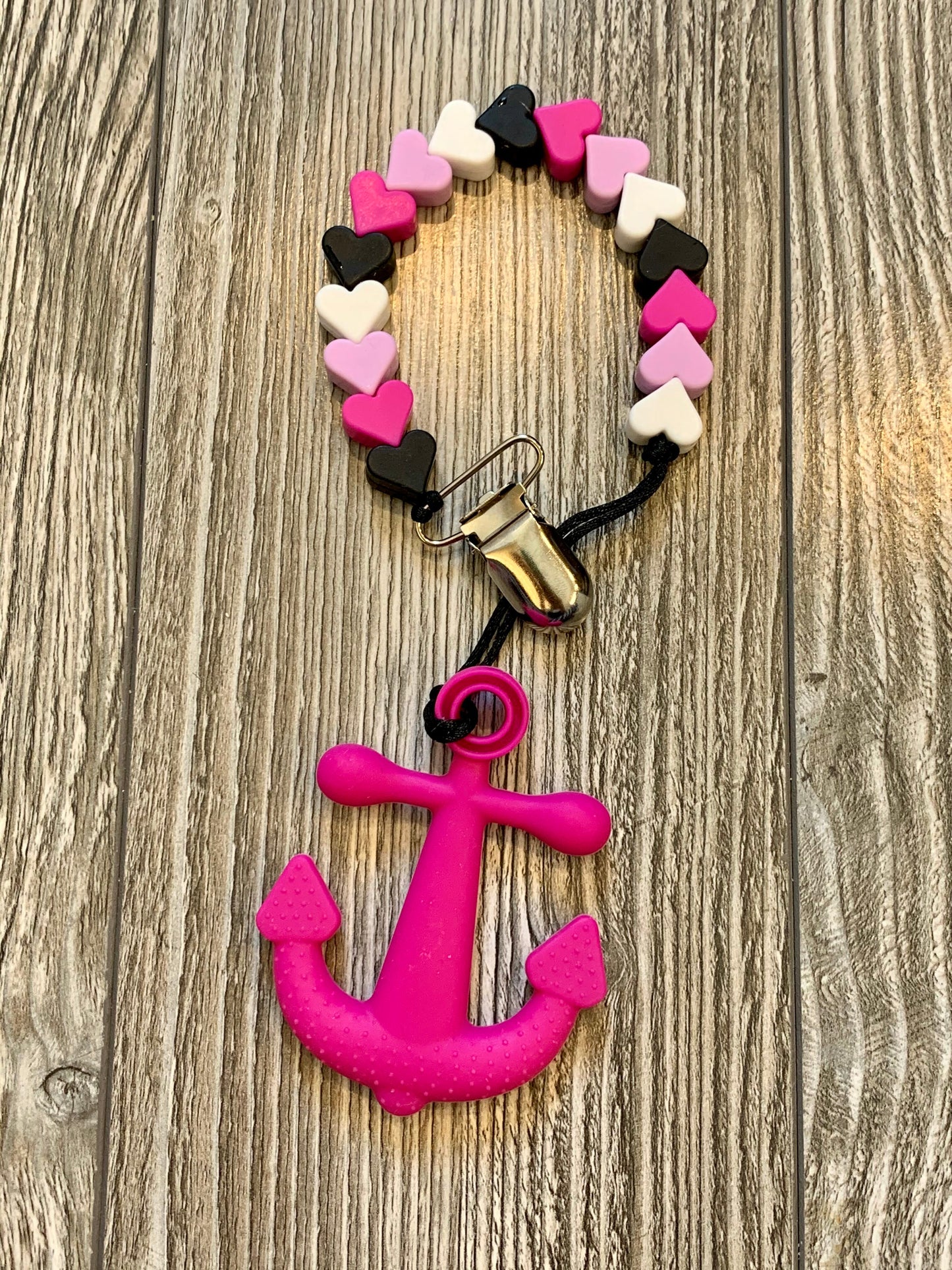 Soother Clip with Dark Pink Anchor Teether