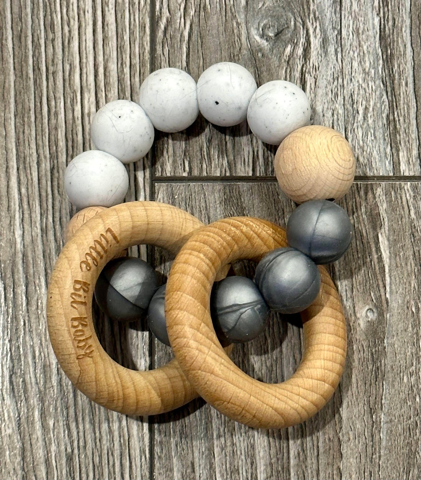 Beech Wood Rattle - Metallic Grey and White