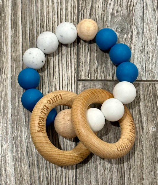 Beech Wood Rattle - Dark Teal and White