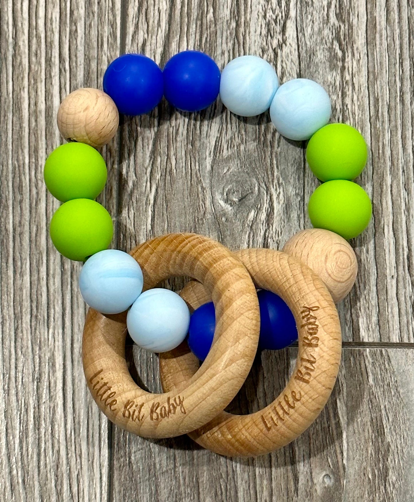 Beech Wood Rattle - Dark/Light Blue and Lime