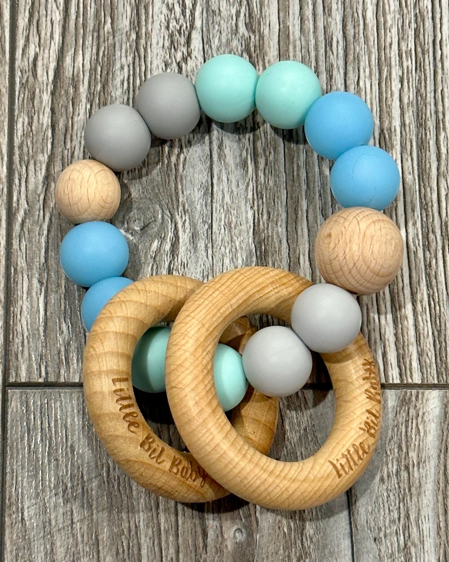 Beech Wood Rattle - Blue, Mint and Grey