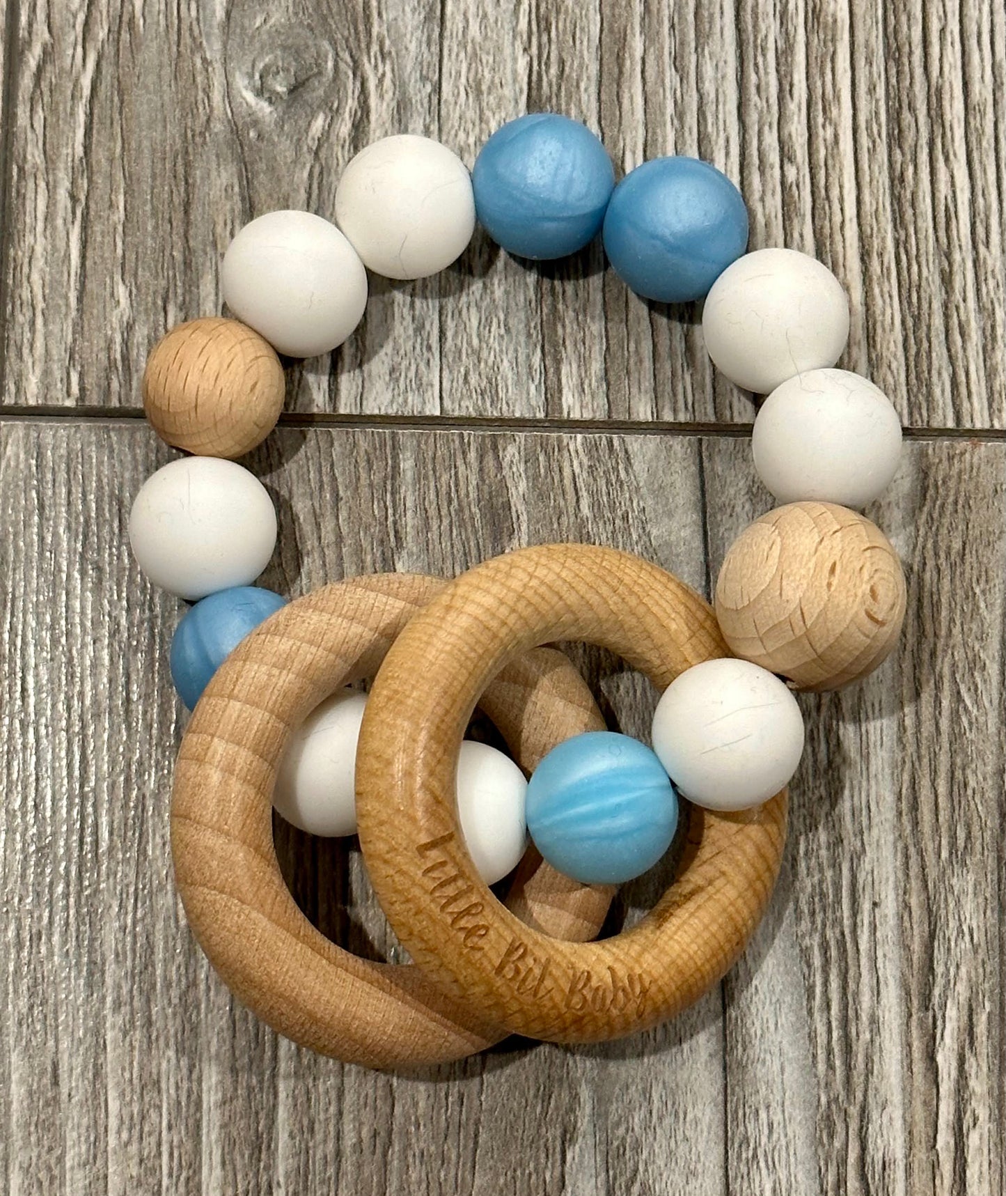 Beech Wood Rattle - Pearl Blue and White (version 1)