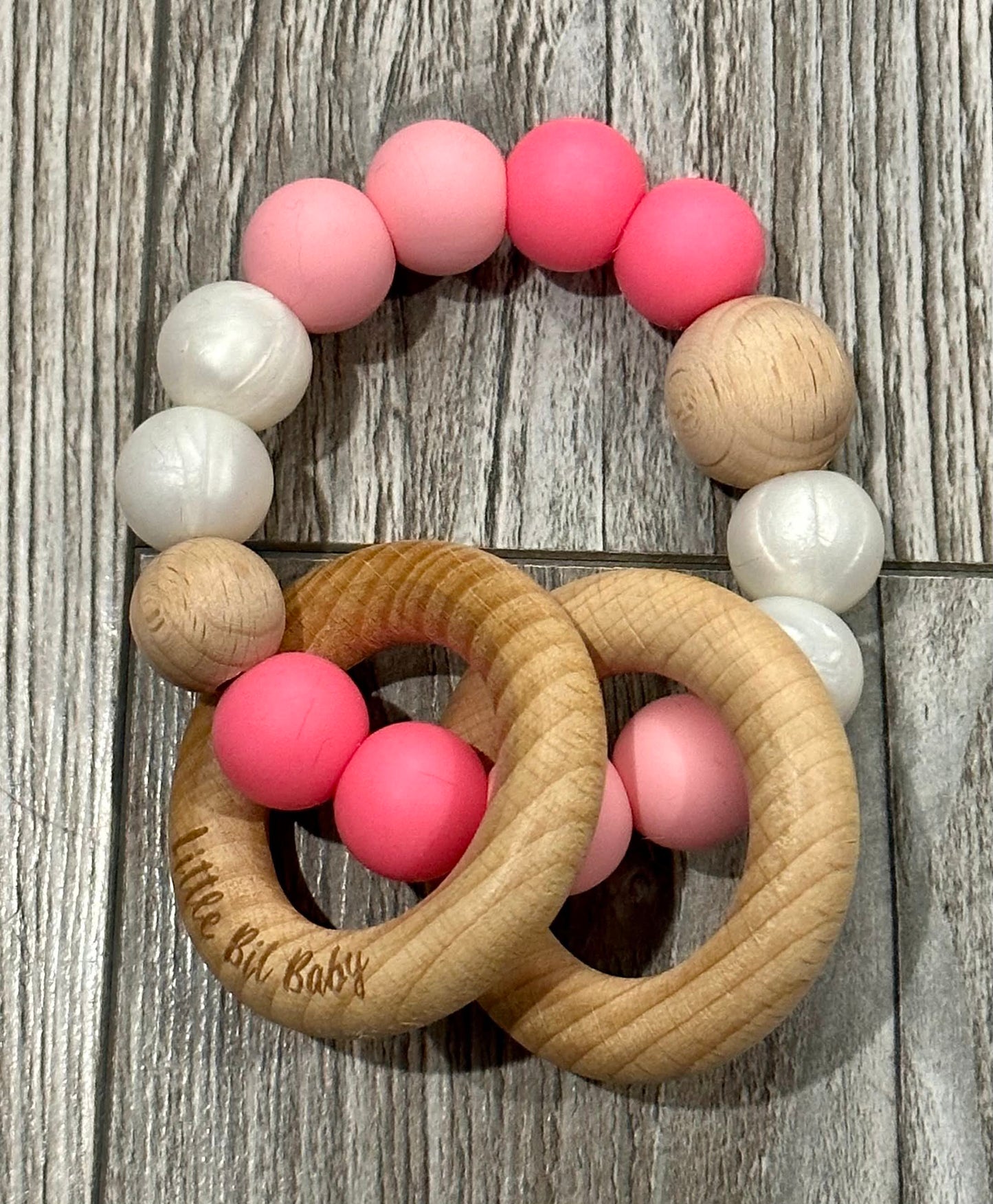 Beech Wood Rattle - Dark/Light Pink and White