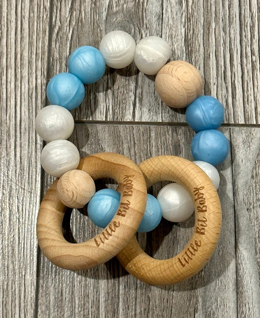 Beech Wood Rattle - Pearl White and Pearl Blue (version 2)