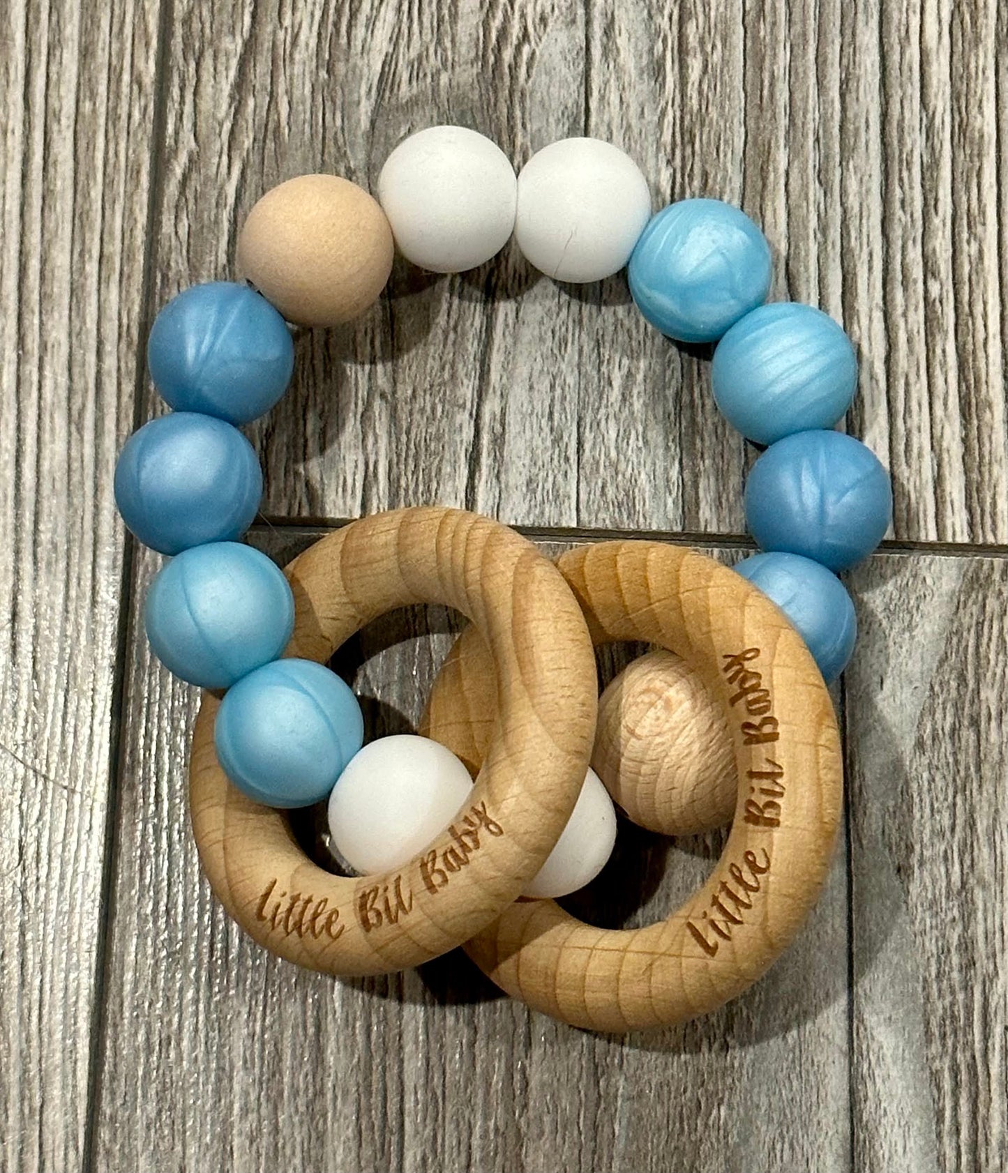 Beech Wood Rattle - Pearl Blue and White (version 2)