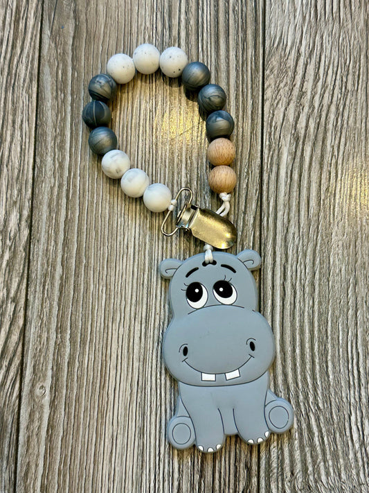 Soother Clip with Grey Hippo Teether